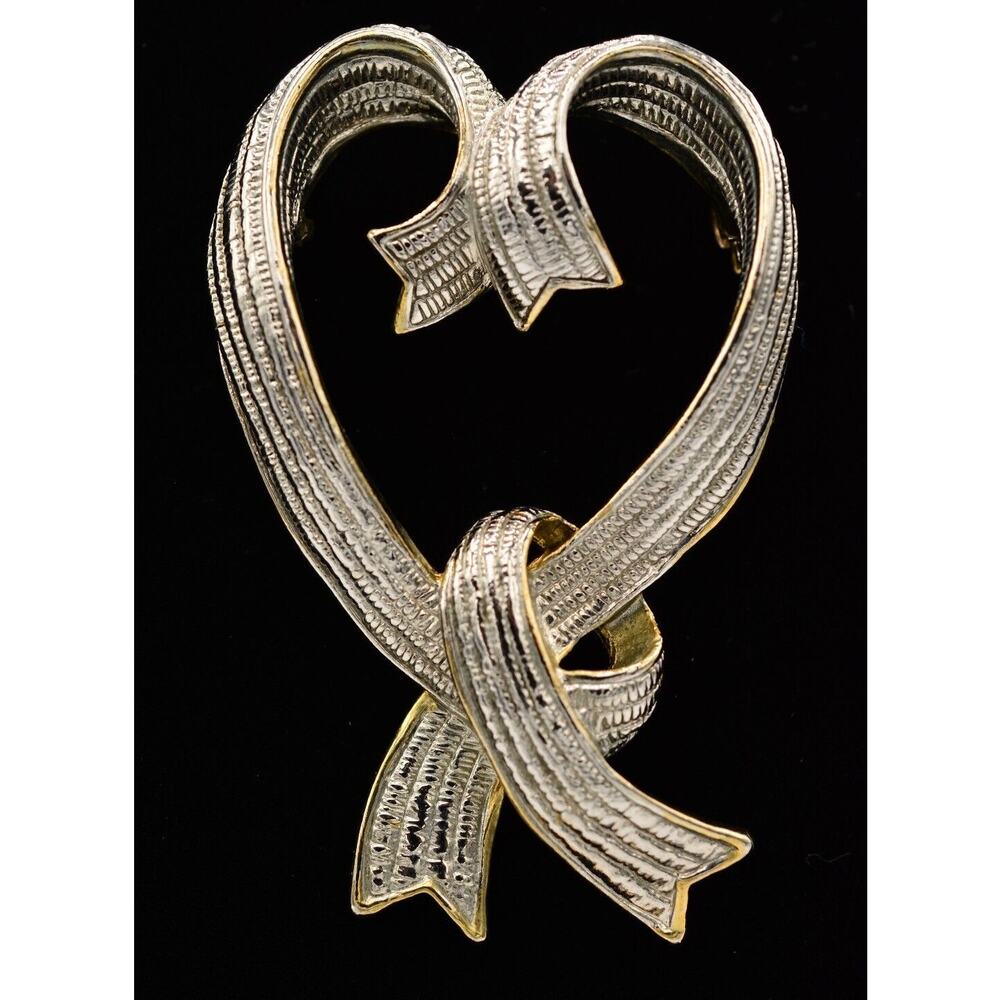 Vintage Heart Bow Pin Brooch Silver Gold Tone Textured Valentine's Chunky Bin7